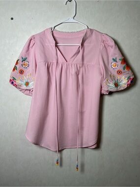 Pink Floral Print Short Sleeve Contrast Patchwork Tassel Tie Blouse Size Small